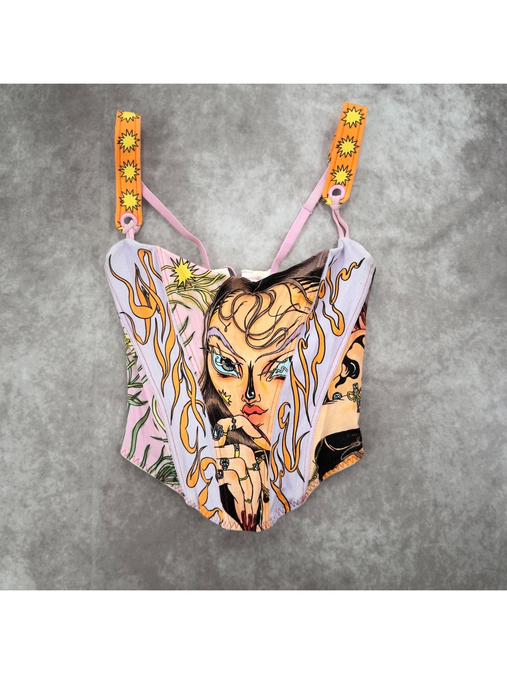 Savage X Fenty Alice Bloomfield Pink Graphic Face Lace Up Corset Bustier Top M
